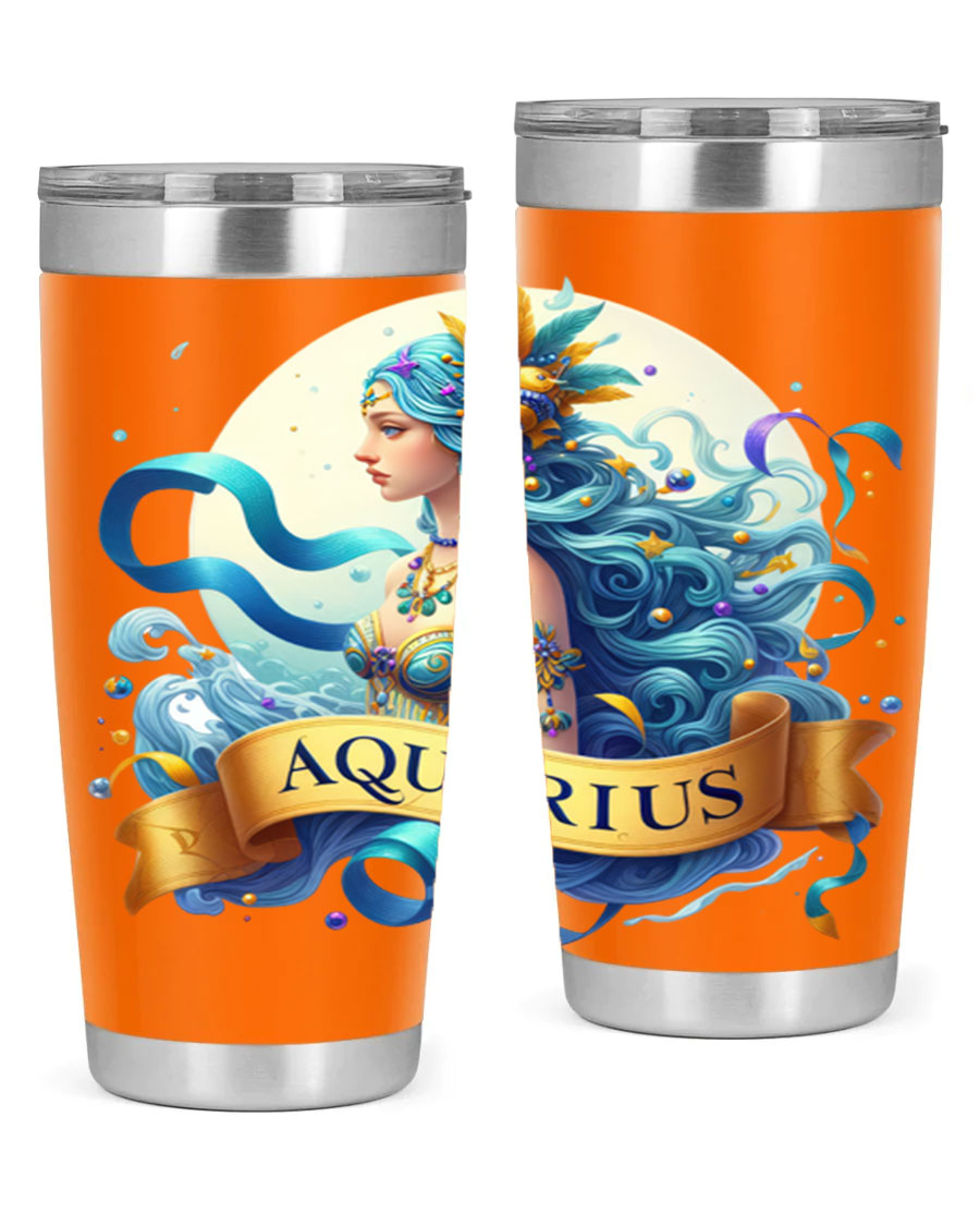 Aquarius 84# Zodiac Tumbler in stainless steel with a vibrant zodiac design, perfect for hot and cold beverages.