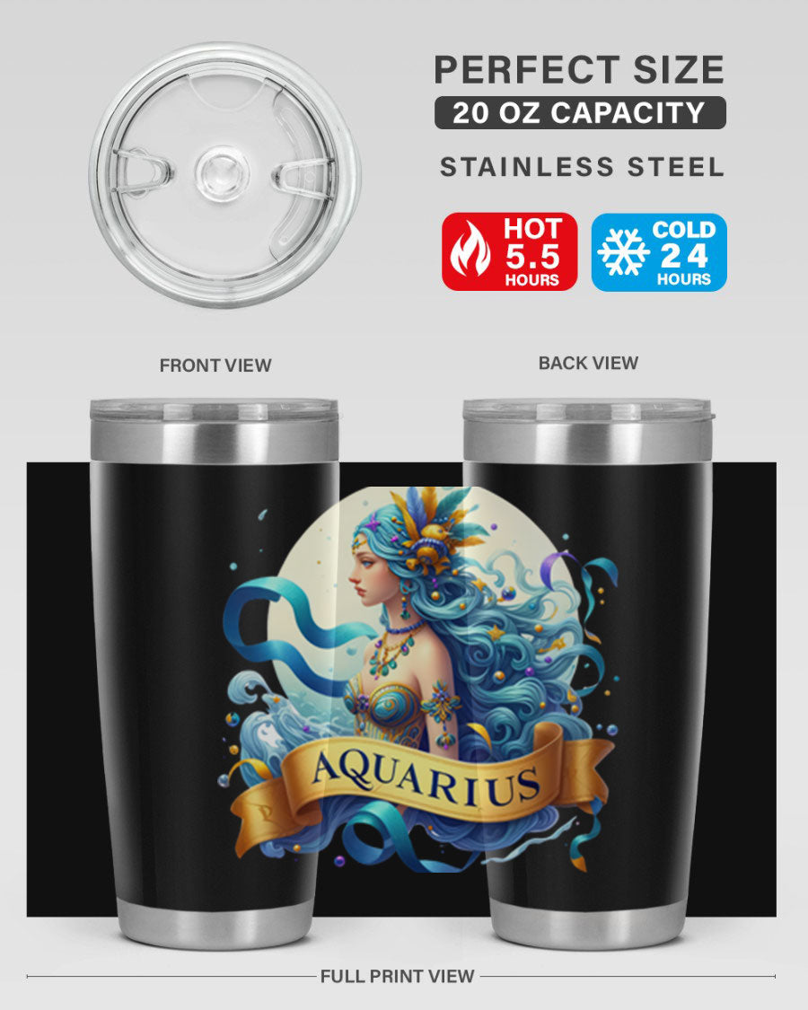 Aquarius 84# Zodiac Tumbler in stainless steel with a vibrant zodiac design, perfect for hot and cold beverages.