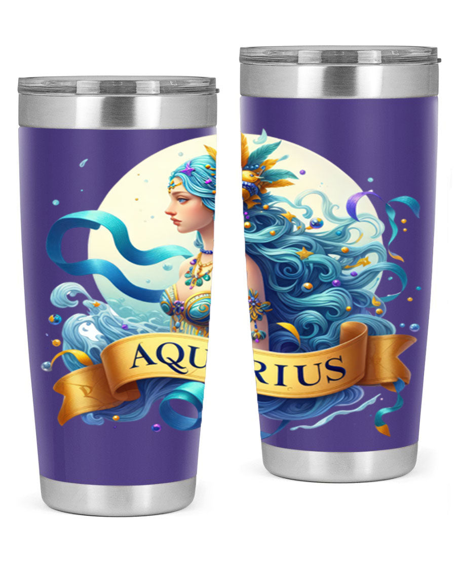 Aquarius 84# Zodiac Tumbler in stainless steel with a vibrant zodiac design, perfect for hot and cold beverages.