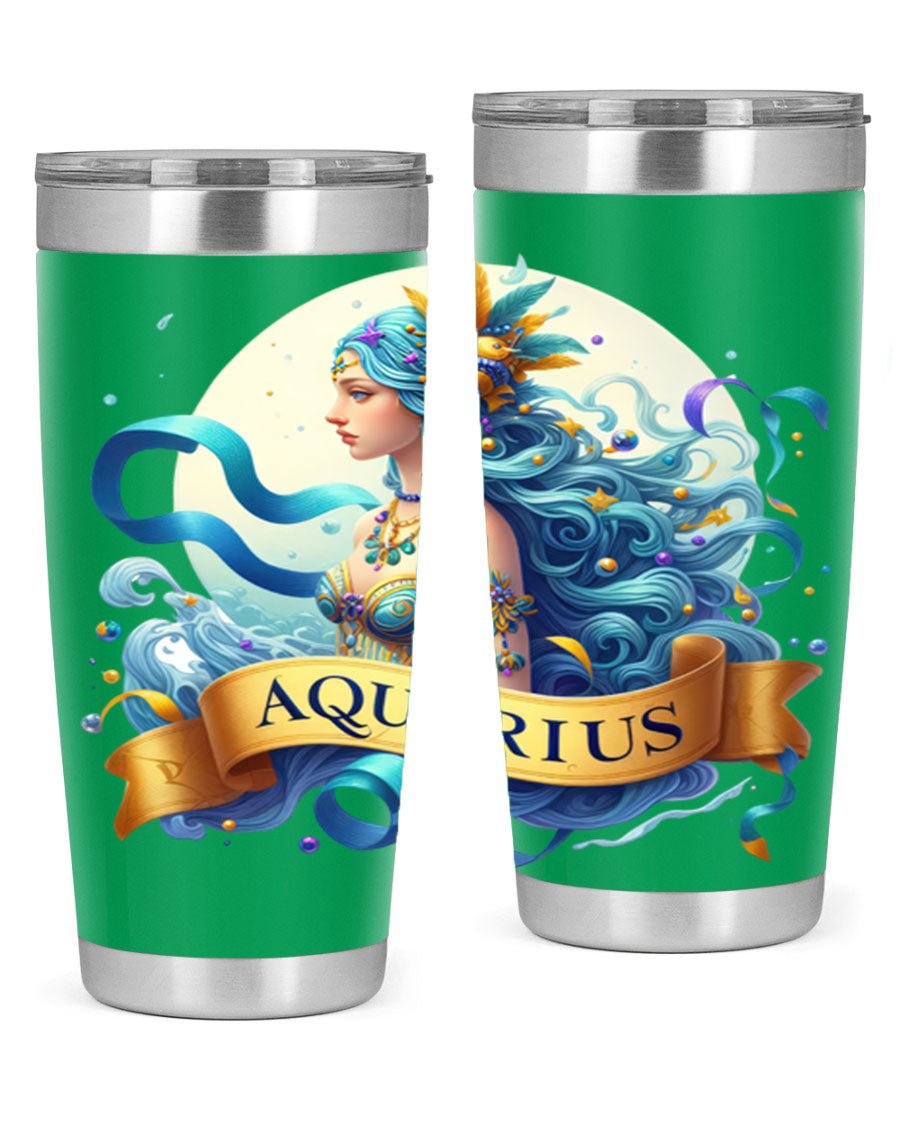 Aquarius 84# Zodiac Tumbler in stainless steel with a vibrant zodiac design, perfect for hot and cold beverages.