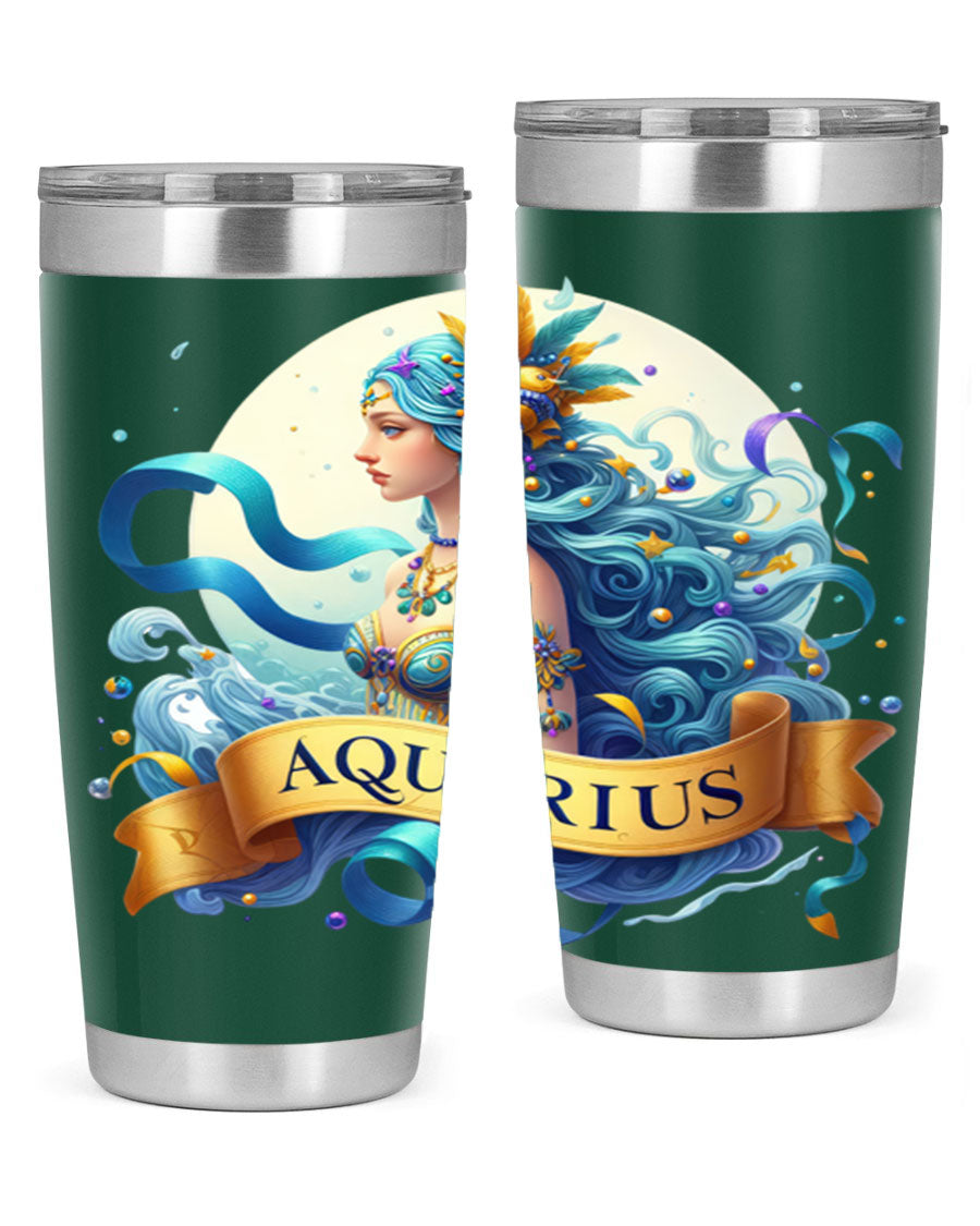 Aquarius 84# Zodiac Tumbler in stainless steel with a vibrant zodiac design, perfect for hot and cold beverages.
