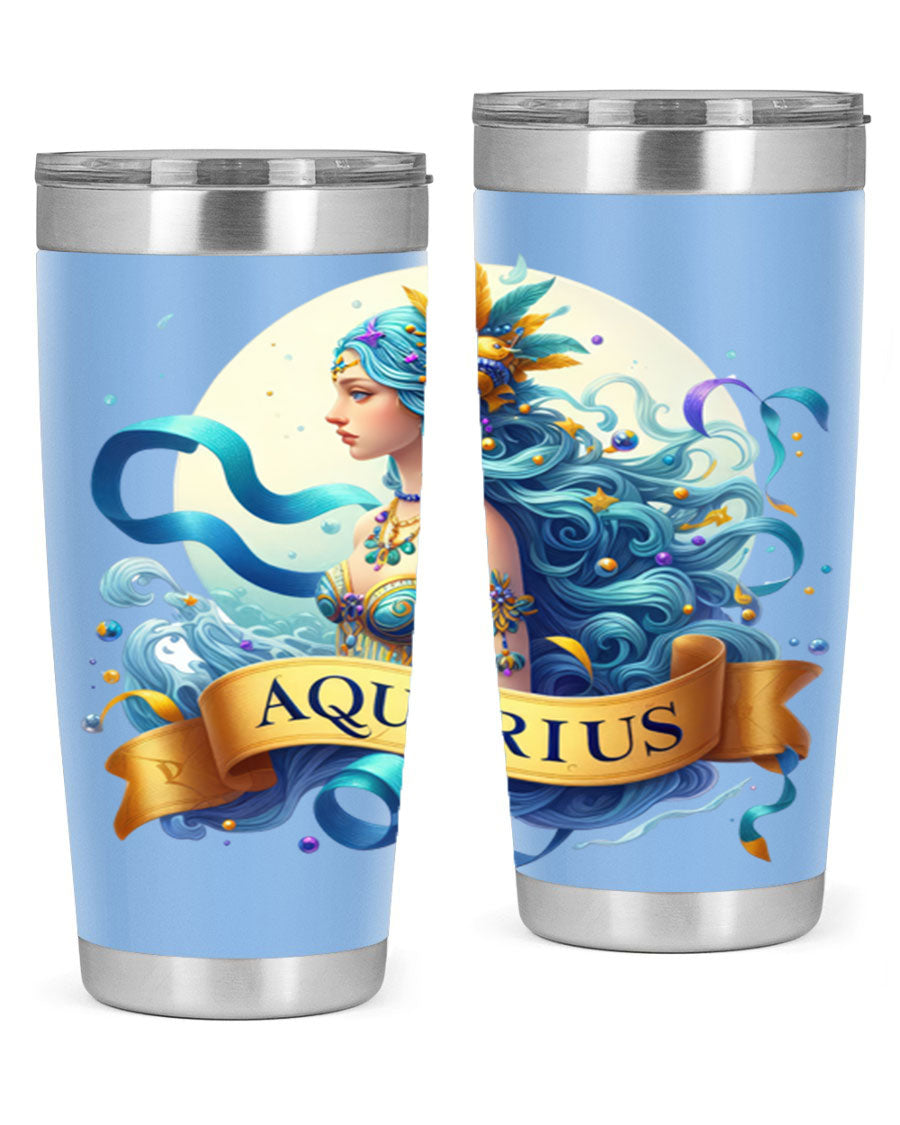 Aquarius 84# Zodiac Tumbler in stainless steel with a vibrant zodiac design, perfect for hot and cold beverages.