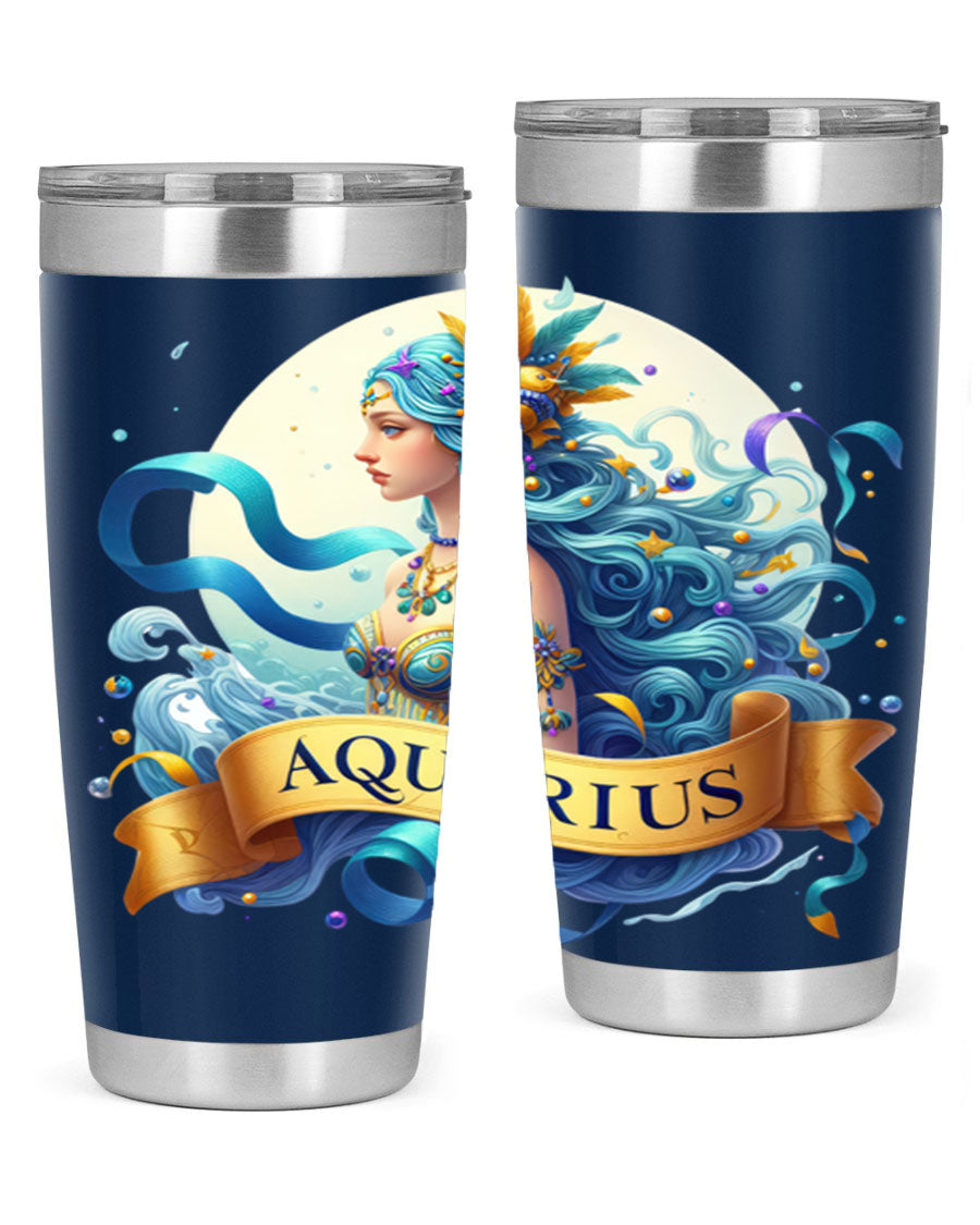 Aquarius 84# Zodiac Tumbler in stainless steel with a vibrant zodiac design, perfect for hot and cold beverages.