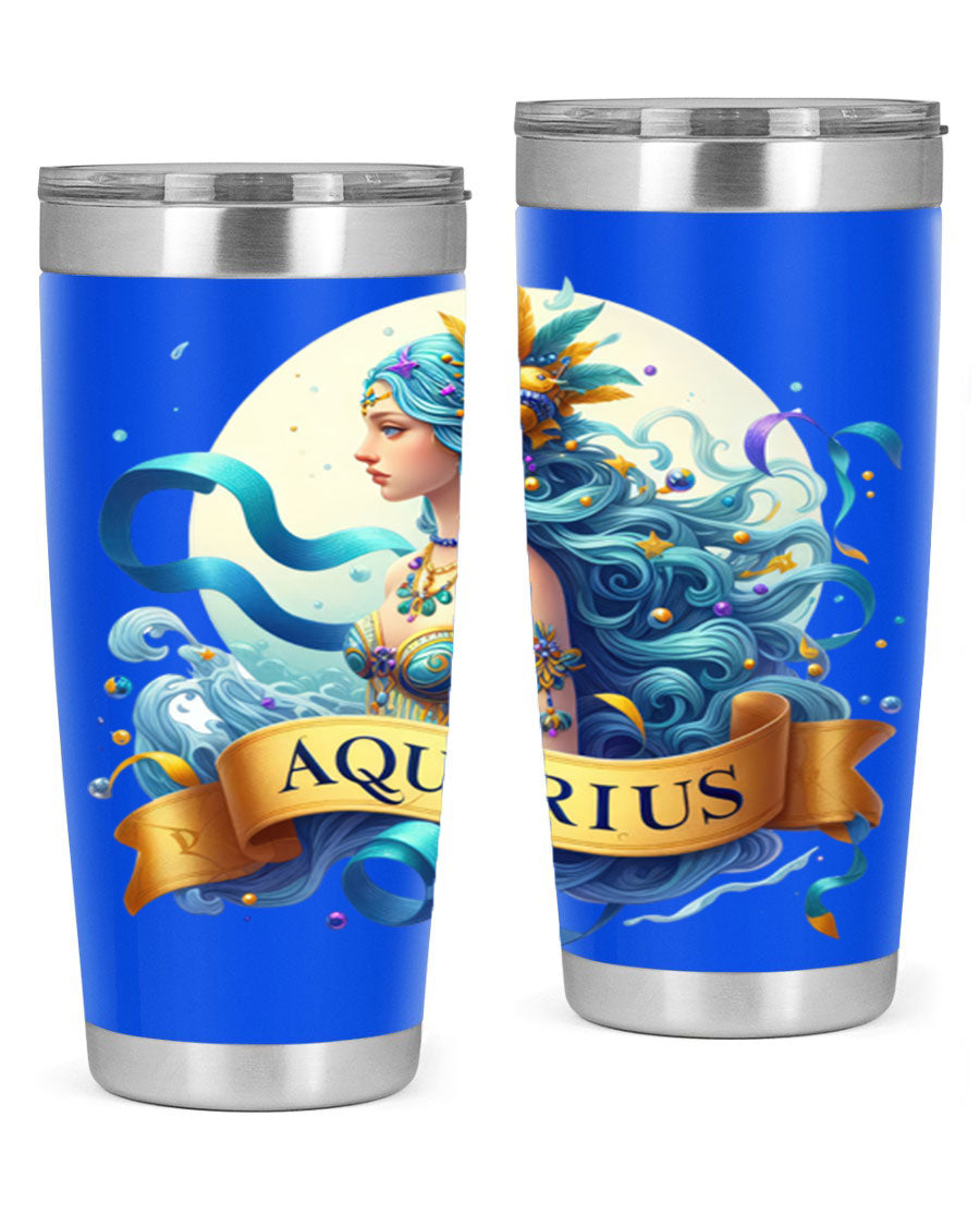 Aquarius 84# Zodiac Tumbler in stainless steel with a vibrant zodiac design, perfect for hot and cold beverages.