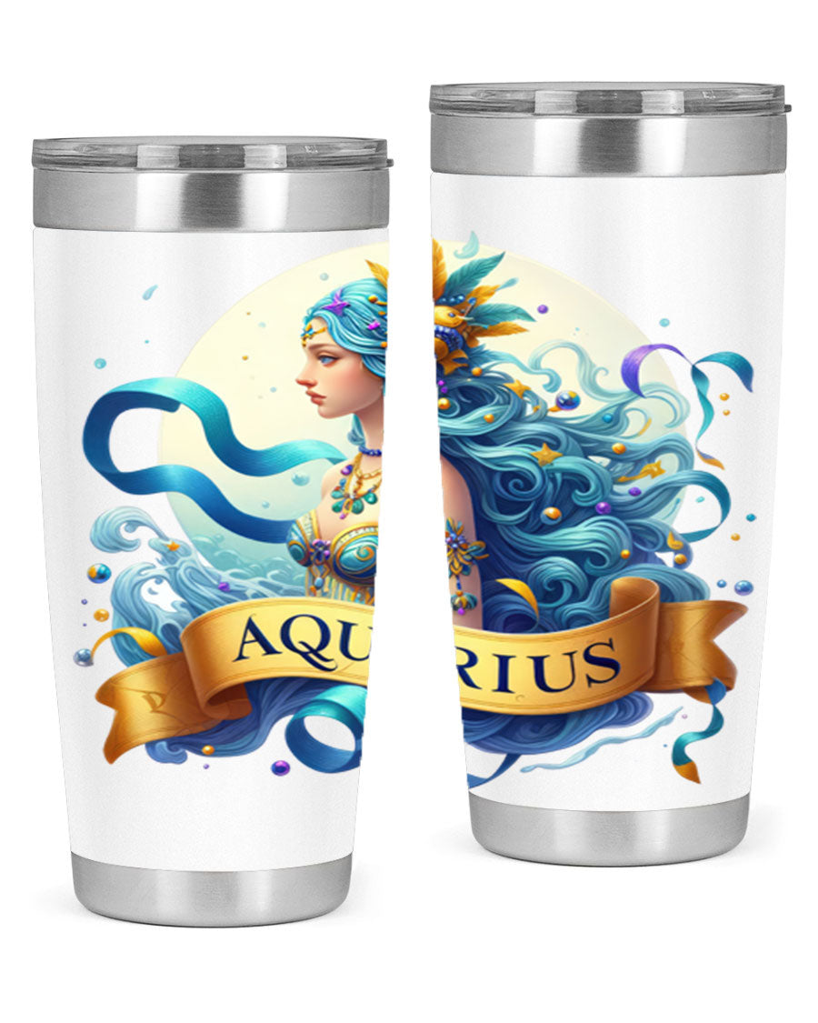 Aquarius 84# Zodiac Tumbler in stainless steel with a vibrant zodiac design, perfect for hot and cold beverages.