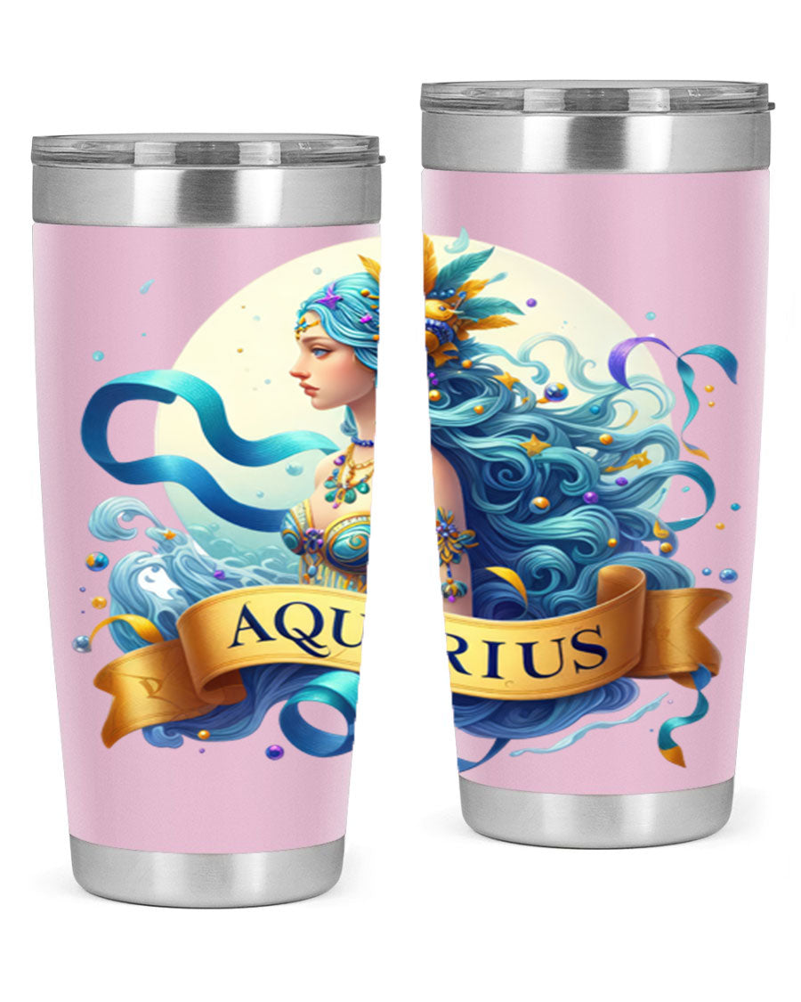 Aquarius 84# Zodiac Tumbler in stainless steel with a vibrant zodiac design, perfect for hot and cold beverages.