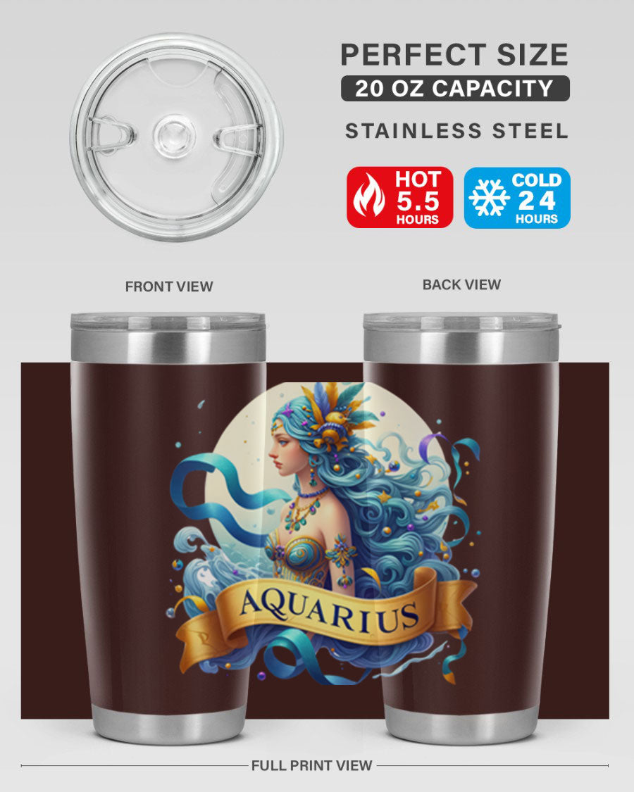 Aquarius 84# Zodiac Tumbler in stainless steel with a vibrant zodiac design, perfect for hot and cold beverages.