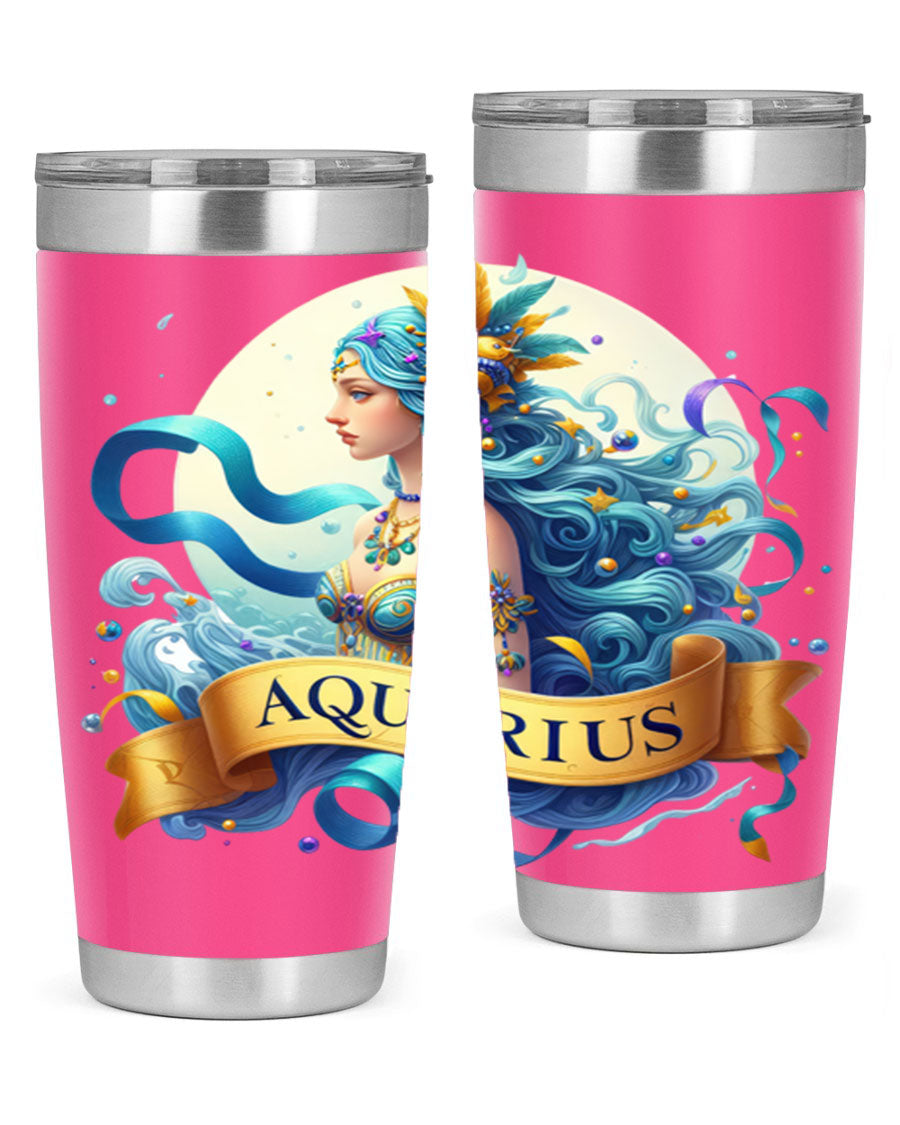 Aquarius 84# Zodiac Tumbler in stainless steel with a vibrant zodiac design, perfect for hot and cold beverages.