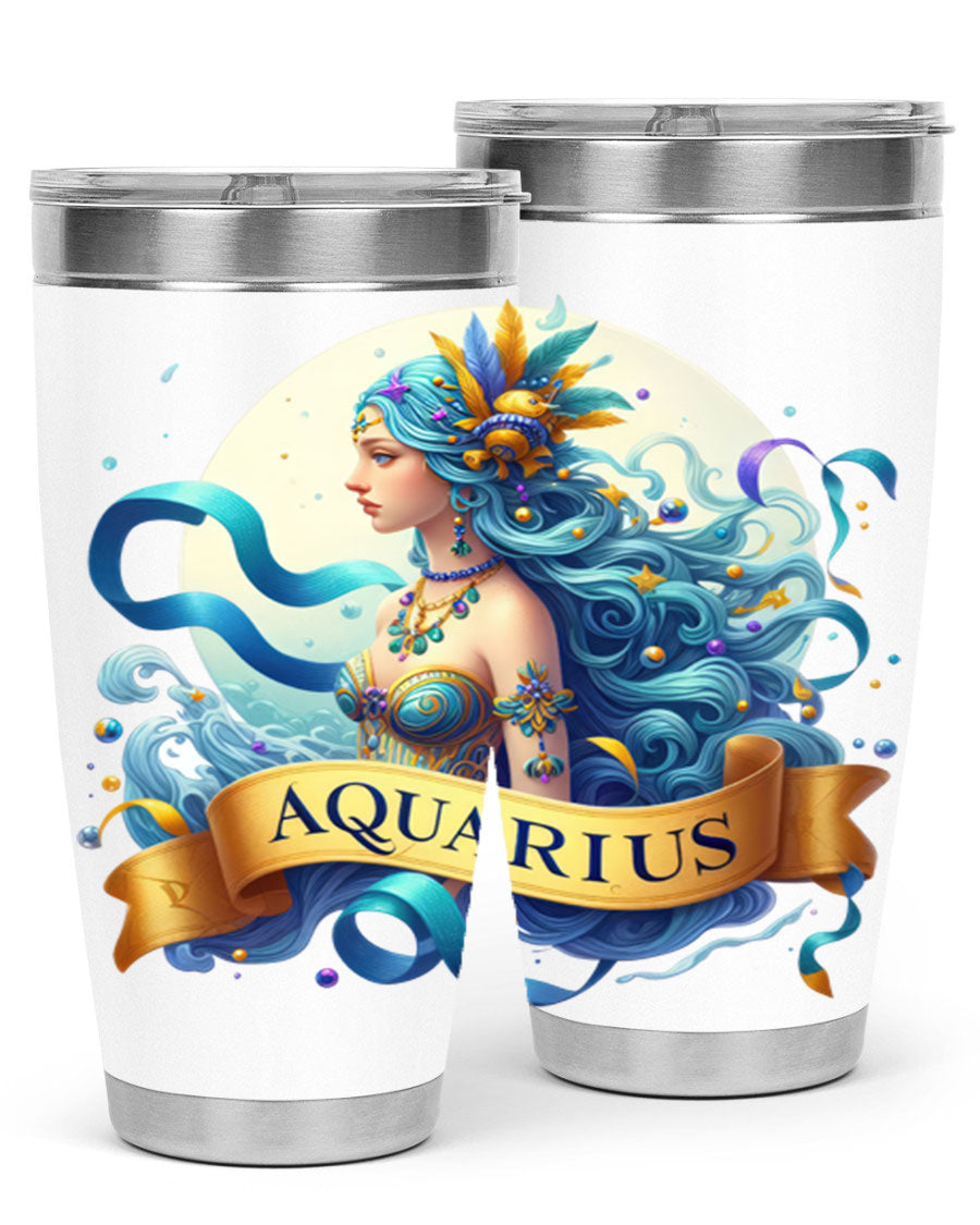 Aquarius 84# Zodiac Tumbler in stainless steel with a vibrant zodiac design, perfect for hot and cold beverages.