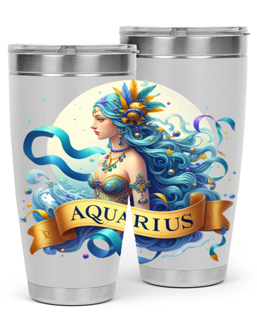 Aquarius 84# Zodiac Tumbler in stainless steel with a vibrant zodiac design, perfect for hot and cold beverages.