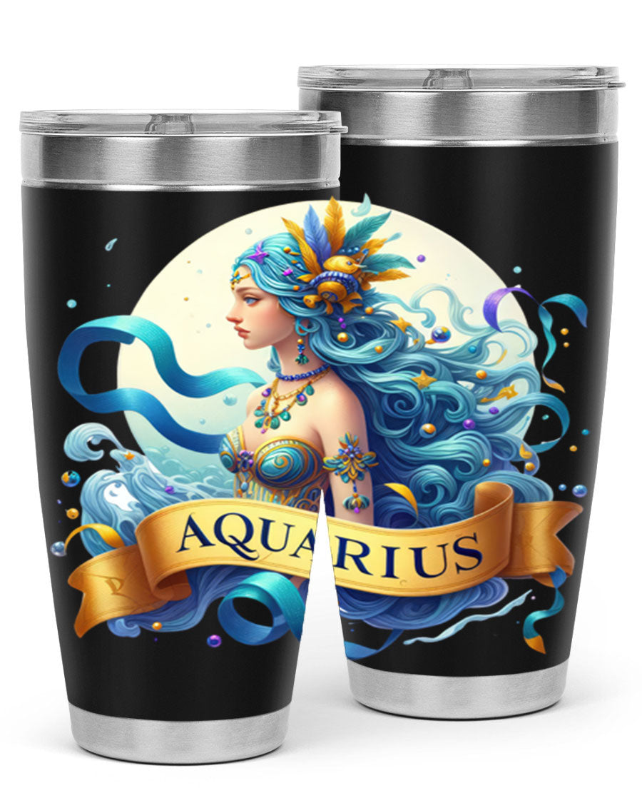 Aquarius 84# Zodiac Tumbler in stainless steel with a vibrant zodiac design, perfect for hot and cold beverages.