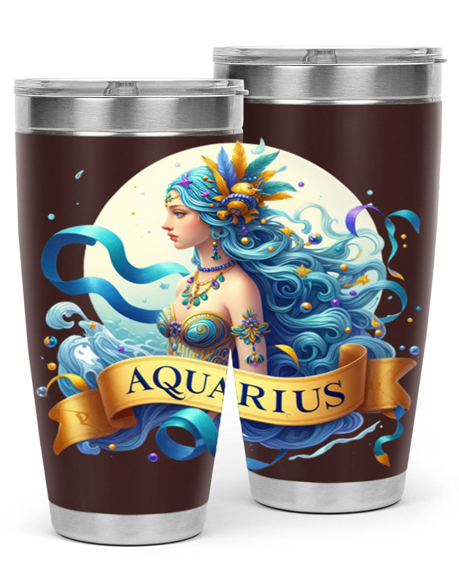 Aquarius 84# Zodiac Tumbler in stainless steel with a vibrant zodiac design, perfect for hot and cold beverages.