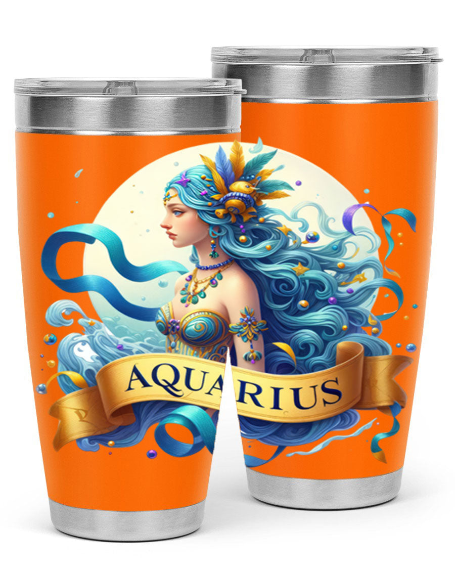 Aquarius 84# Zodiac Tumbler in stainless steel with a vibrant zodiac design, perfect for hot and cold beverages.