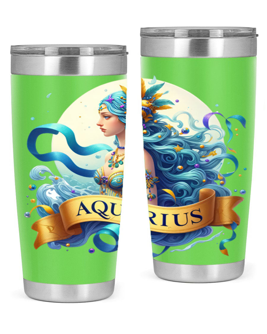 Aquarius 84# Zodiac Tumbler in stainless steel with a vibrant zodiac design, perfect for hot and cold beverages.