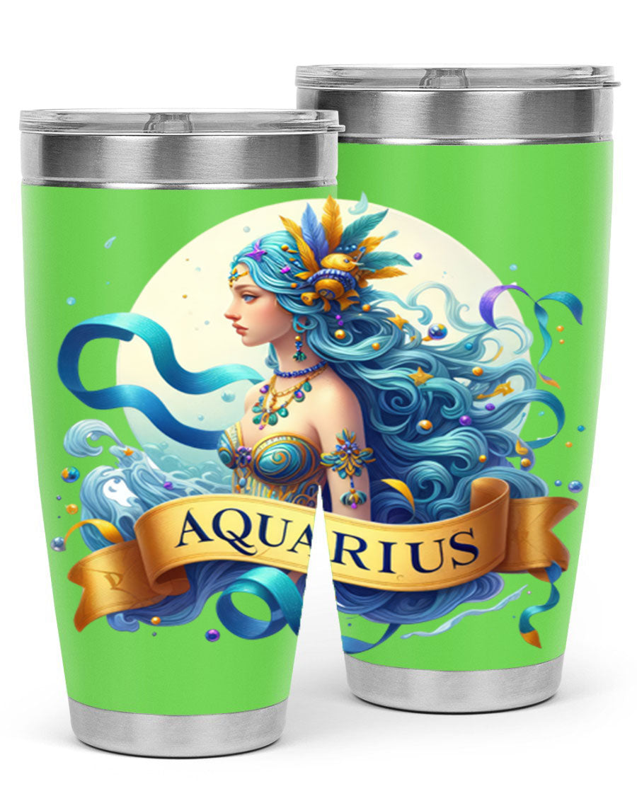 Aquarius 84# Zodiac Tumbler in stainless steel with a vibrant zodiac design, perfect for hot and cold beverages.