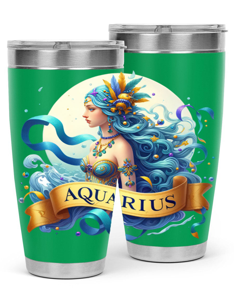 Aquarius 84# Zodiac Tumbler in stainless steel with a vibrant zodiac design, perfect for hot and cold beverages.