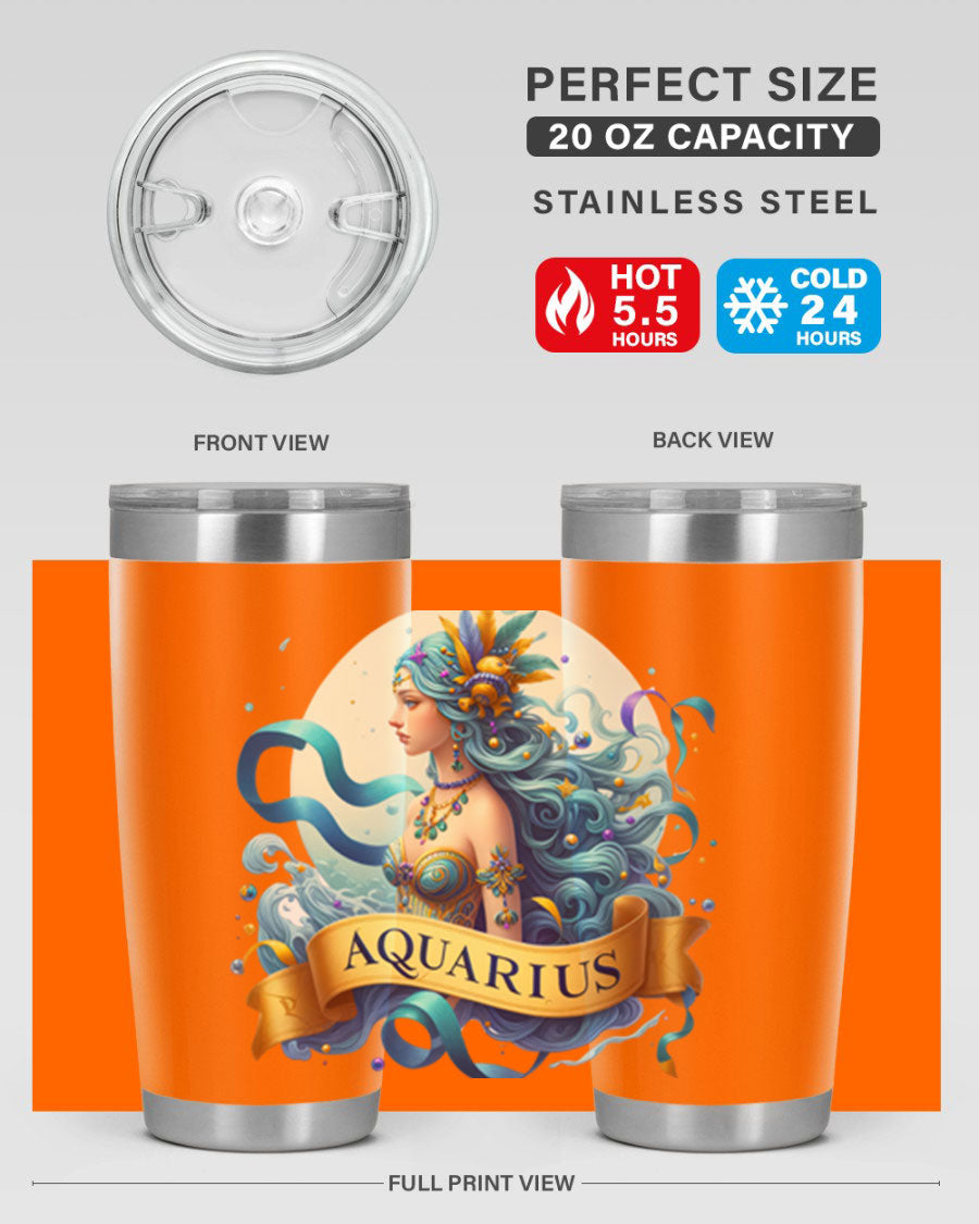 Aquarius 84# Zodiac Tumbler in stainless steel with a vibrant zodiac design, perfect for hot and cold beverages.