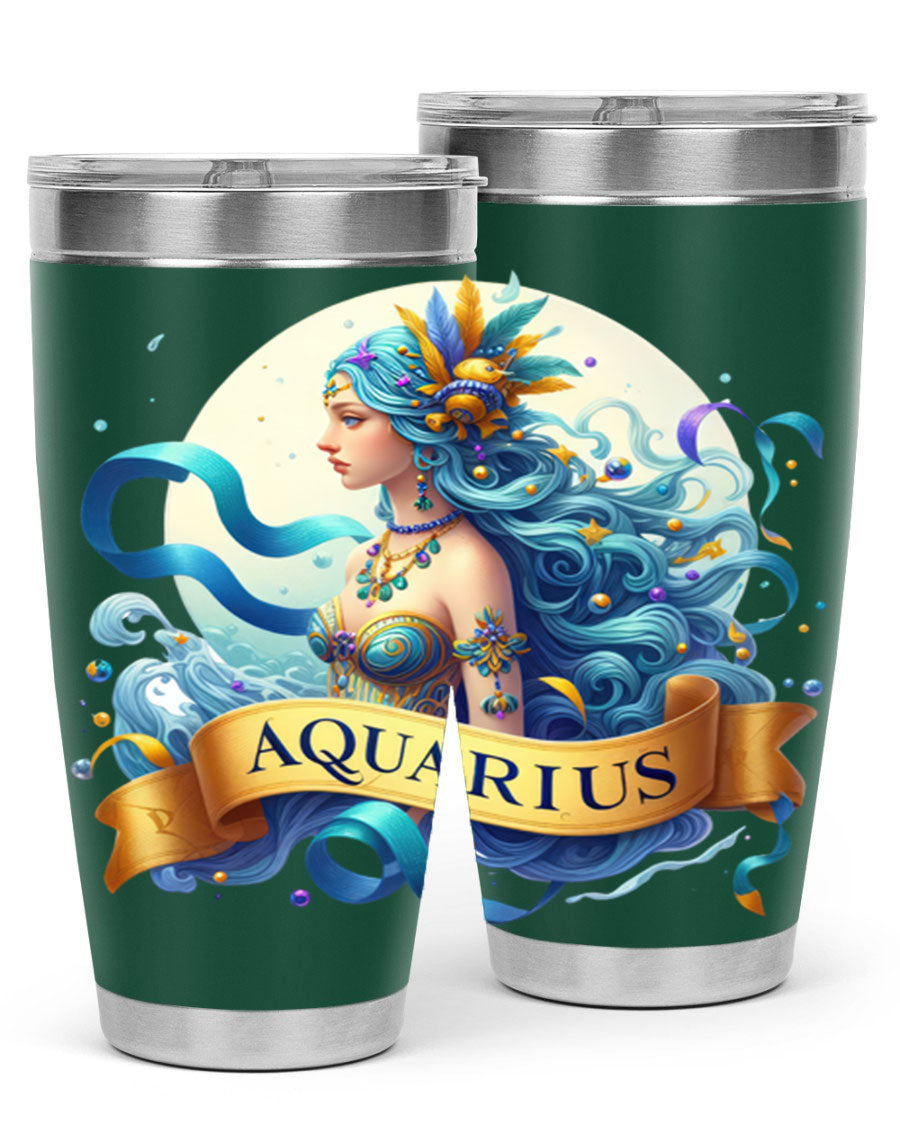 Aquarius 84# Zodiac Tumbler in stainless steel with a vibrant zodiac design, perfect for hot and cold beverages.