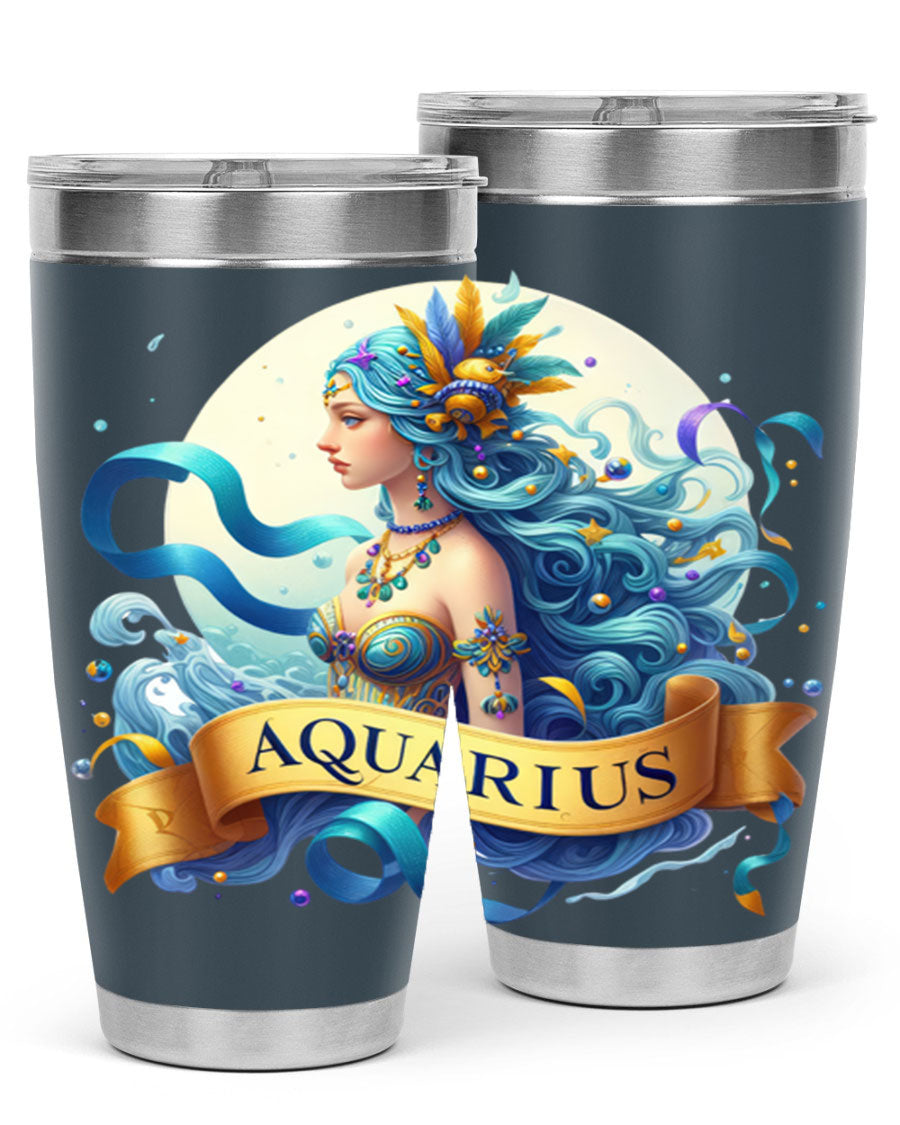 Aquarius 84# Zodiac Tumbler in stainless steel with a vibrant zodiac design, perfect for hot and cold beverages.