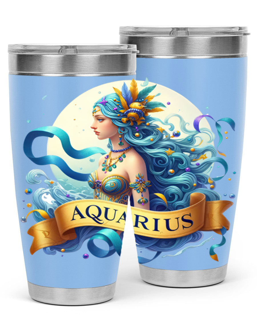 Aquarius 84# Zodiac Tumbler in stainless steel with a vibrant zodiac design, perfect for hot and cold beverages.