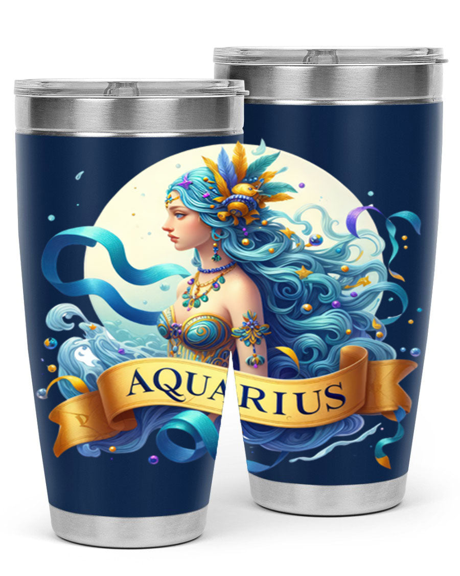 Aquarius 84# Zodiac Tumbler in stainless steel with a vibrant zodiac design, perfect for hot and cold beverages.