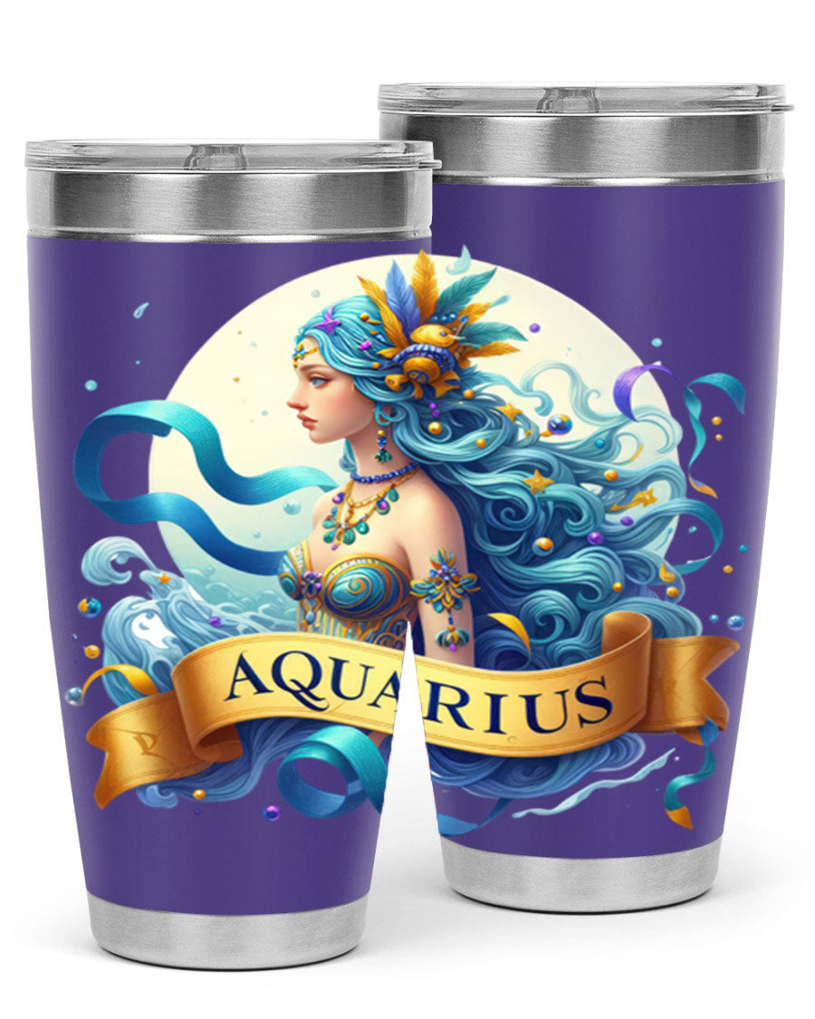 Aquarius 84# Zodiac Tumbler in stainless steel with a vibrant zodiac design, perfect for hot and cold beverages.