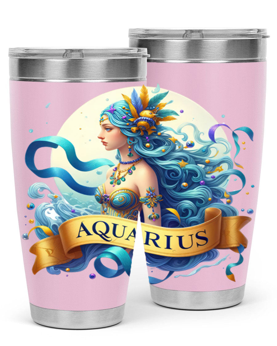 Aquarius 84# Zodiac Tumbler in stainless steel with a vibrant zodiac design, perfect for hot and cold beverages.