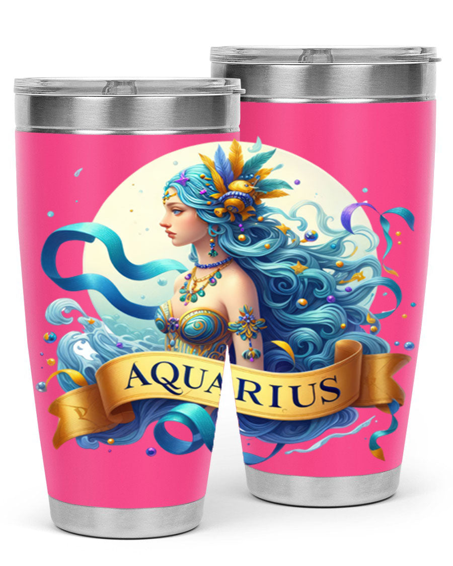 Aquarius 84# Zodiac Tumbler in stainless steel with a vibrant zodiac design, perfect for hot and cold beverages.