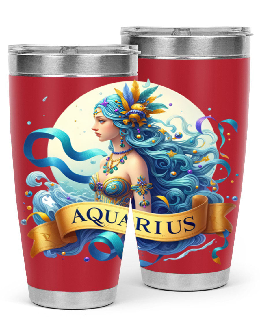 Aquarius 84# Zodiac Tumbler in stainless steel with a vibrant zodiac design, perfect for hot and cold beverages.