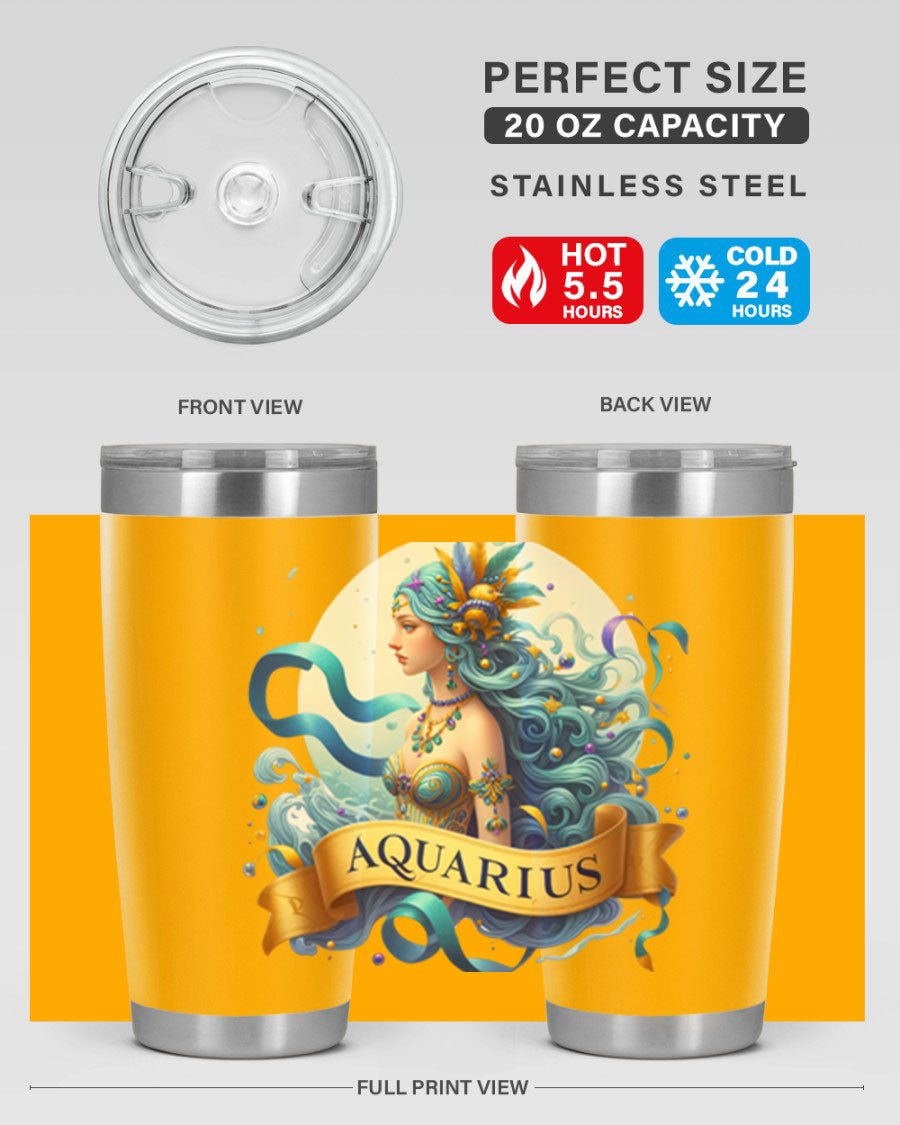 Aquarius 84# Zodiac Tumbler in stainless steel with a vibrant zodiac design, perfect for hot and cold beverages.