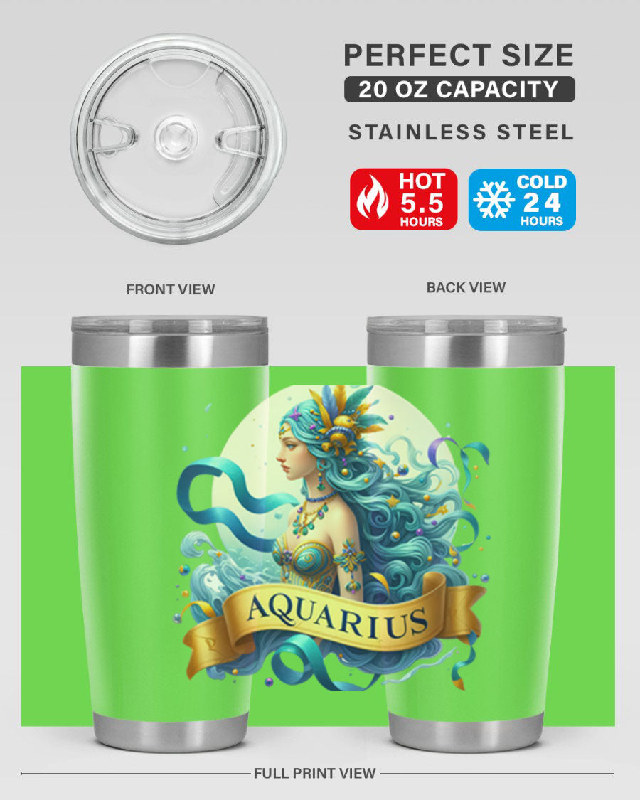 Aquarius 84# Zodiac Tumbler in stainless steel with a vibrant zodiac design, perfect for hot and cold beverages.