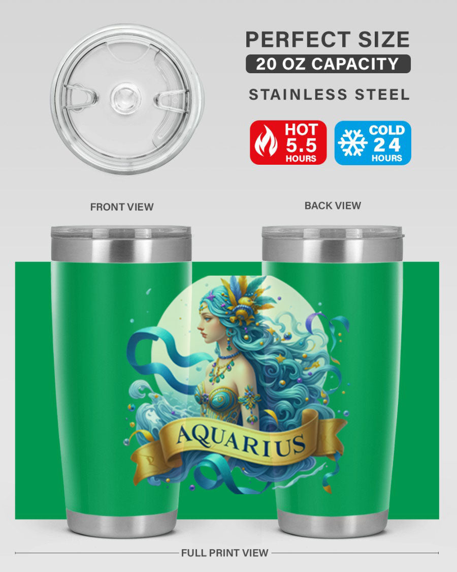 Aquarius 84# Zodiac Tumbler in stainless steel with a vibrant zodiac design, perfect for hot and cold beverages.