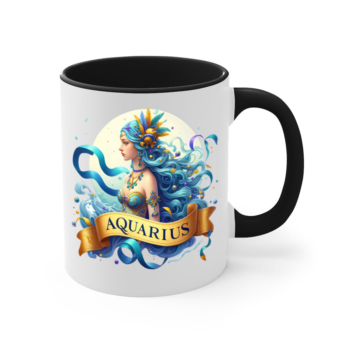 Aquarius 84# Zodiac Mug with colorful handle and glossy finish, available in multiple sizes.
