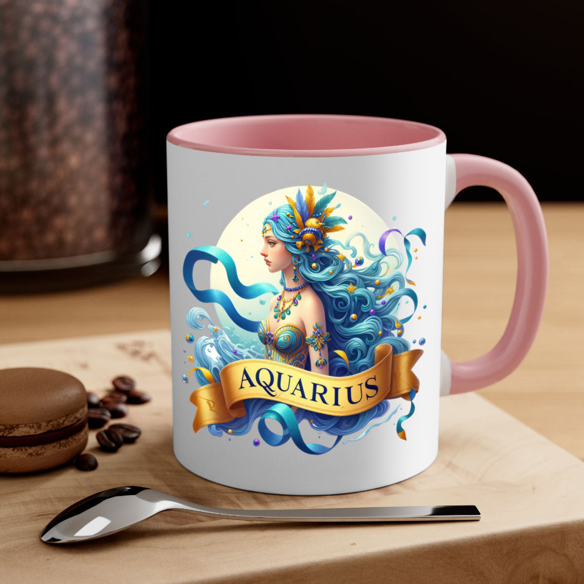 Aquarius 84# Zodiac Mug with colorful handle and glossy finish, available in multiple sizes.
