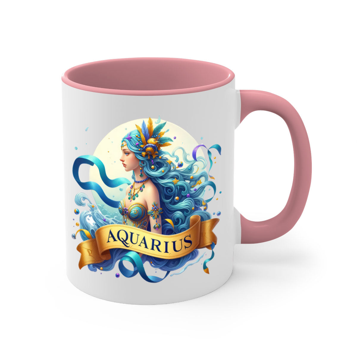 Aquarius 84# Zodiac Mug with colorful handle and glossy finish, available in multiple sizes.