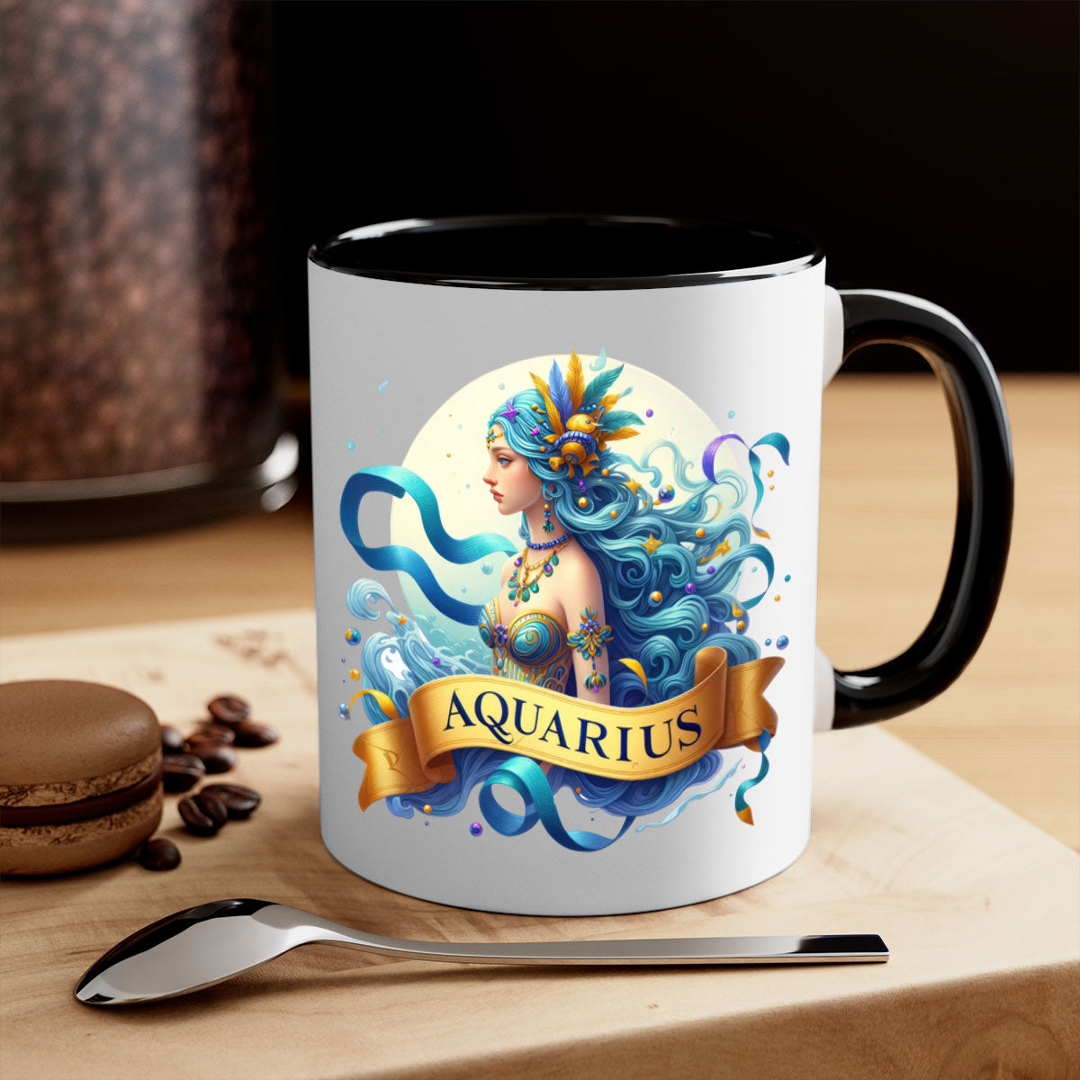 Aquarius 84# Zodiac Mug with colorful handle and glossy finish, available in multiple sizes.