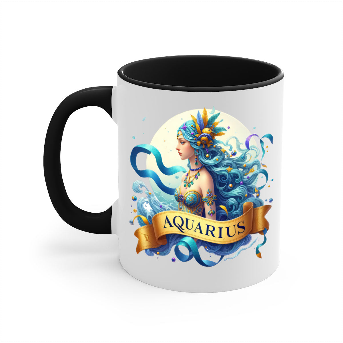 Aquarius 84# Zodiac Mug with colorful handle and glossy finish, available in multiple sizes.