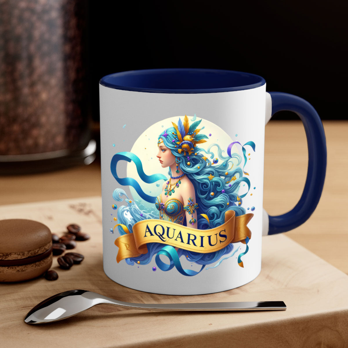 Aquarius 84# Zodiac Mug with colorful handle and glossy finish, available in multiple sizes.