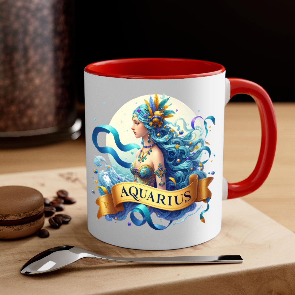 Aquarius 84# Zodiac Mug with colorful handle and glossy finish, available in multiple sizes.