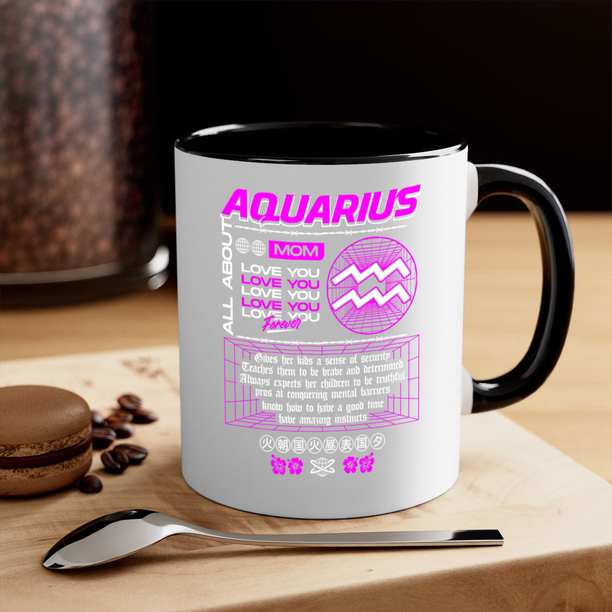 Aquarius 86# Zodiac Mug with colored handle and glossy finish, available in multiple colors and sizes.