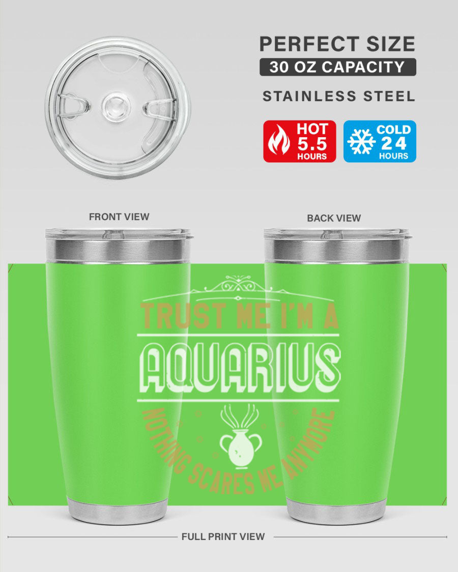 Aquarius 87# Zodiac Tumbler in stainless steel with a sleek design, perfect for hot and cold beverages.