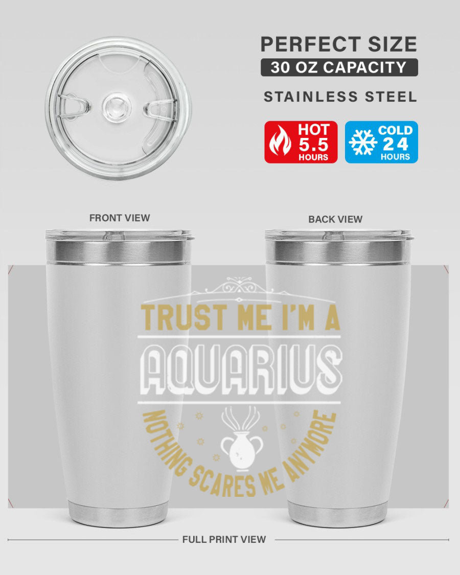 Aquarius 87# Zodiac Tumbler in stainless steel with a sleek design, perfect for hot and cold beverages.