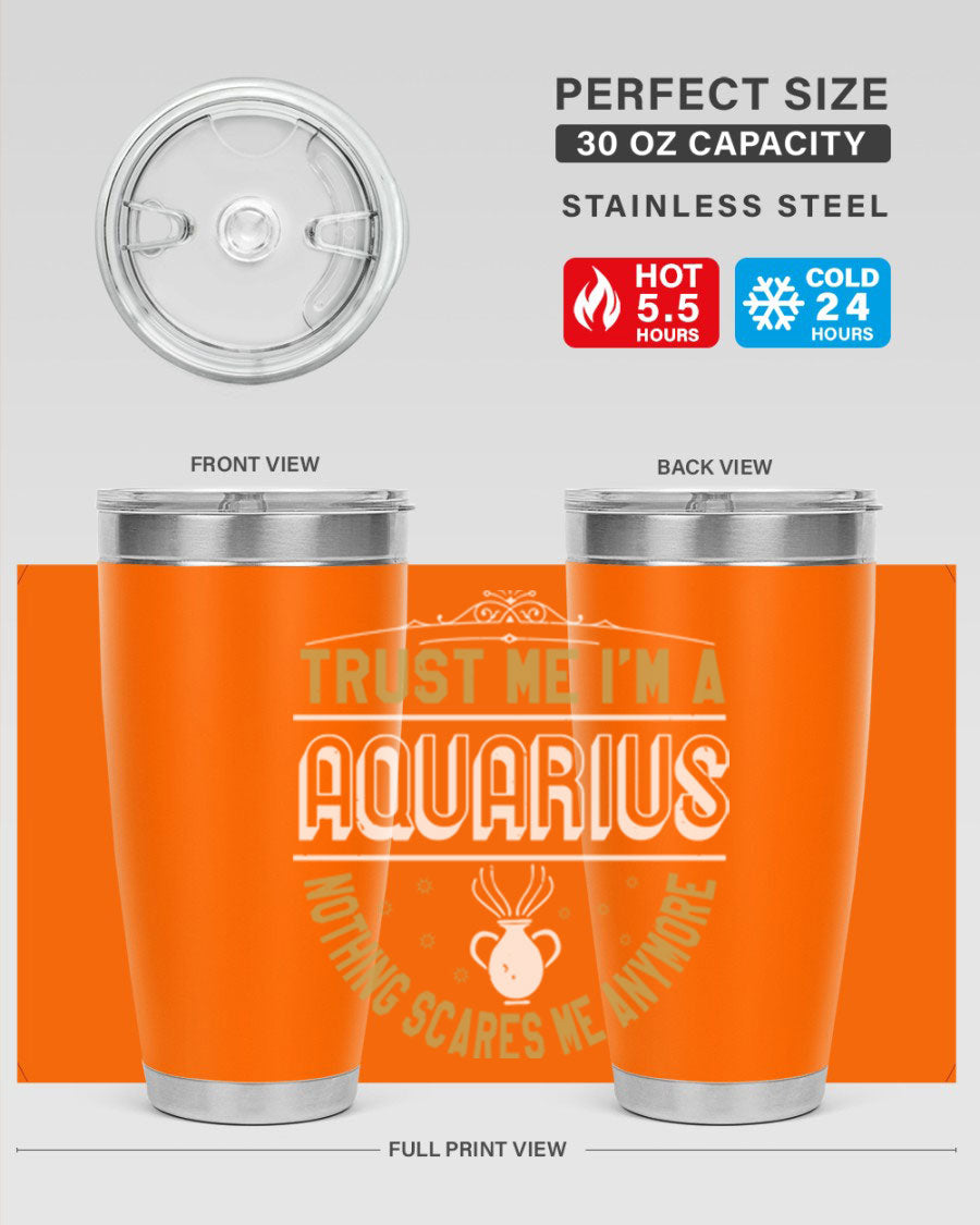 Aquarius 87# Zodiac Tumbler in stainless steel with a sleek design, perfect for hot and cold beverages.