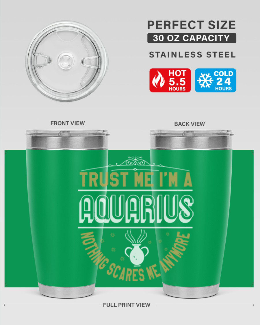 Aquarius 87# Zodiac Tumbler in stainless steel with a sleek design, perfect for hot and cold beverages.