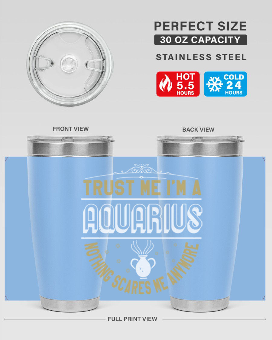 Aquarius 87# Zodiac Tumbler in stainless steel with a sleek design, perfect for hot and cold beverages.
