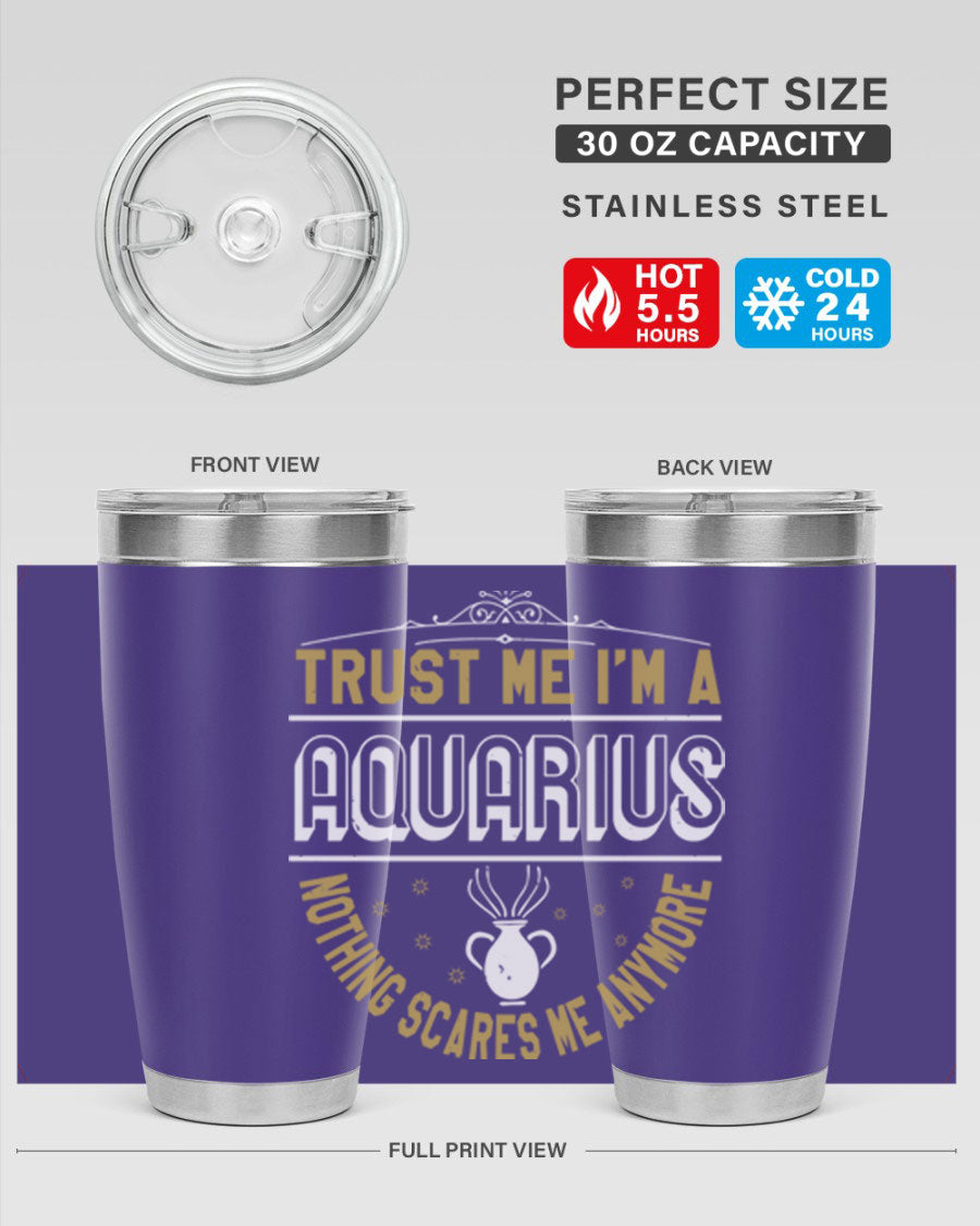 Aquarius 87# Zodiac Tumbler in stainless steel with a sleek design, perfect for hot and cold beverages.