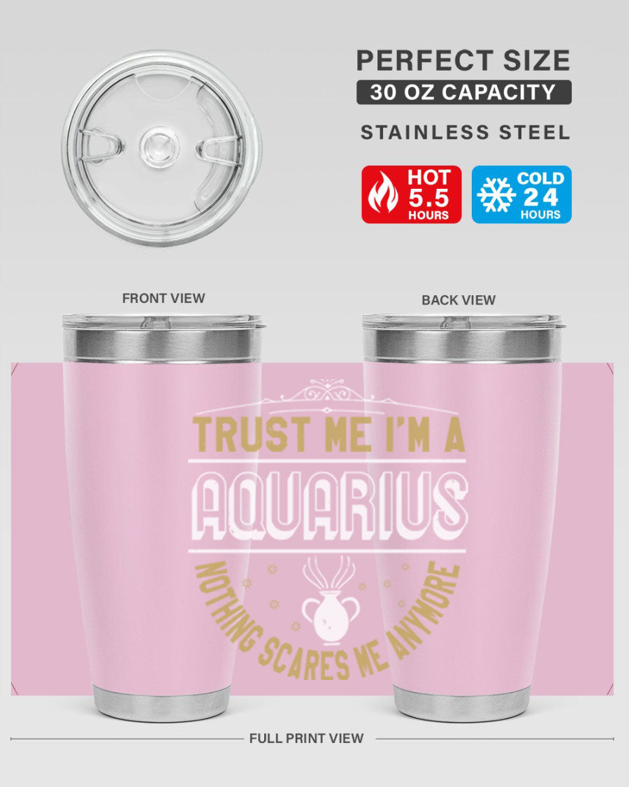 Aquarius 87# Zodiac Tumbler in stainless steel with a sleek design, perfect for hot and cold beverages.