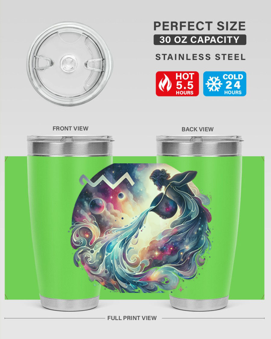 Aquarius 89# Zodiac Tumbler in stainless steel with a sleek design, perfect for hot and cold beverages.