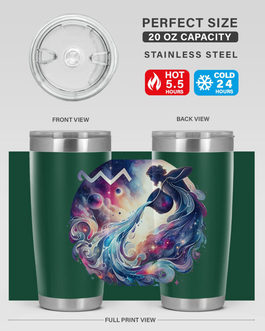 Aquarius 89# Zodiac Tumbler in stainless steel with a sleek design, perfect for hot and cold beverages.
