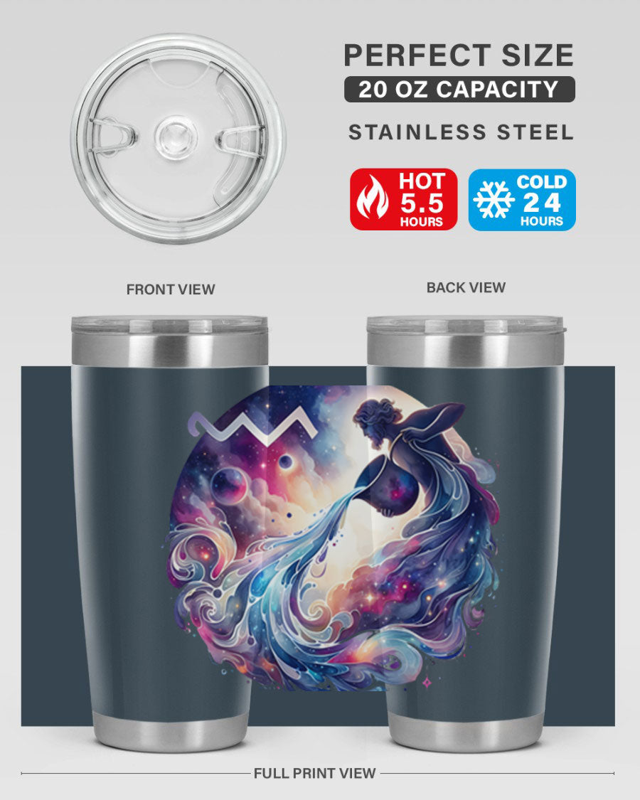 Aquarius 89# Zodiac Tumbler in stainless steel with a sleek design, perfect for hot and cold beverages.